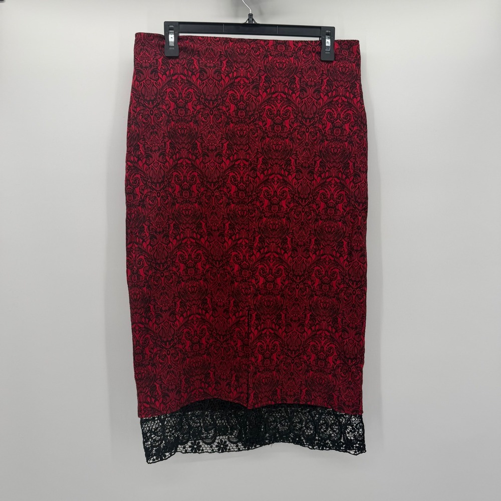 Vintage Red Black Damask Pencil Skirt Lace Trim Size 14 Gothic Victorian Vamp